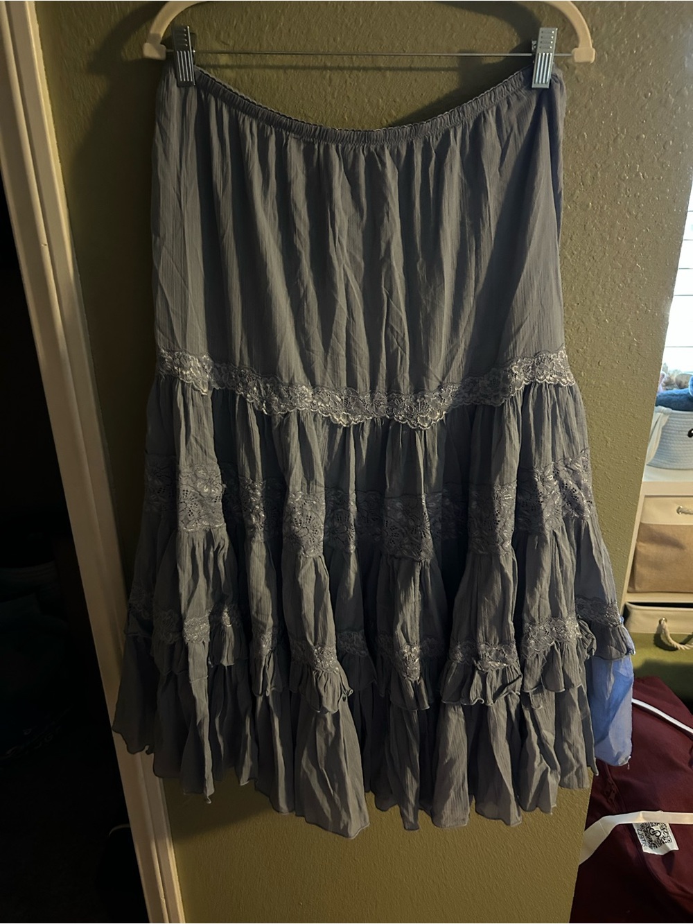 NWOT Free People Dusty Blue Tiered Lace-Trim A-Line Skirt